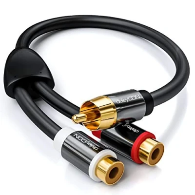 Abbildung von deleyCON 0,20m Audio Cinch Y Adapter Verteiler Kabel für Subwoofer AUX 1x RCA Stecker zu 2x Buchse vergoldete Kontakte