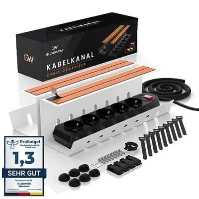 Abbildung von GELSENWERK® 2er Set Kabelkanal Schreibtisch Weiß ohne Bohren Kabelhalter 43x12x12cm inkl. Kabelschlauch Kabelwanne für ordentliches Kabelmanagement am Arbeitsplatz und Ordnung im Büro