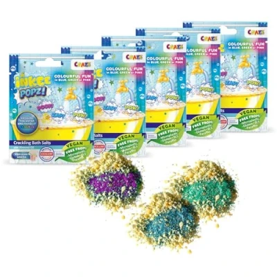 Abbildung von INKEE POPZ 5er Set Knisterndes Badesalz Kinder Bunter Badezusatz in pink, blau oder grün mit Mandelöl &amp; Popcorn Aroma, 5x 15g Beutel Badespaß für