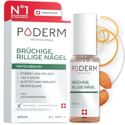 Abbildung von PODERM BRÜCHIGE, GERILLTE und STRAPAZIERTE NÄGEL Rein pflanzliche Behandlung Regeneriert, stärkt, belebt nährt Professionelle Fuß /Handpflege Einfach &amp; schnell Swiss Made