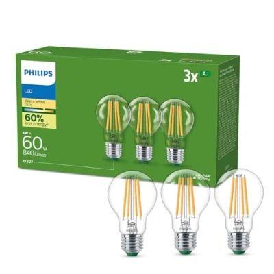 Abbildung von PHILIPS Classic ultraeffiziente E27 LED Lampe, 60W, warmweiß, klar, 3 er Pack