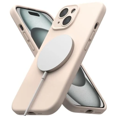 Abbildung von Ringke Magnetic Case Kompatibel mit iPhone 15 Plus Hülle 6,7 Zoll MagSafe [Silicone Magnetic] Kameraschutz und Weiches Gefühl Silikon Magnetische Handyhülle Pink Sand