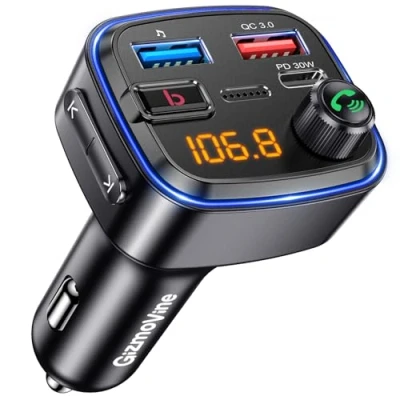 Abbildung von Gizmovine Bluetooth Adapter Auto, FM Transmitter mit HiFi Bass Sound &amp; KFZ Freisprecheinrichtung, USB C QC PD 30W, 12 Volt Car Radio Zigarettenanzünder Stecker, Autoradio Adapter, MP3 Musik Player