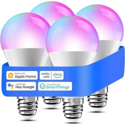 Abbildung von meross Smart WLAN Glühbirne für HomeKit Wifi Lampe LED Mehrfarbige Dimmbare RGBWW kompatibel mit Siri, Alexa, Google Home und SmartThings, E27 Warmweiß, 4 St.