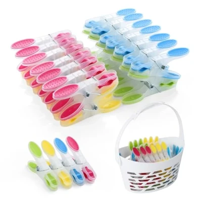Abbildung von AiQInu 40 Stück Wäscheklammern mit Korb, Plastik Handtuchklammern Clothes Pegs Rutschfestem Silikon, Mehrfarbig Klammer Hinterlässt Keine Marken für Wäsche Hosen T Shirts Unterwäsche Socke
