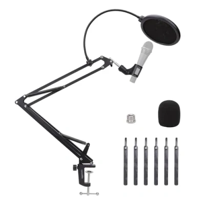 Abbildung von Amazon Basics Verstellbarer Mikrofonarmständer mit Popfilter und Schaumstoff Windschutz, Tischklemme, 360 Rotation, kompatibel Blue Yeti, Snowball, HyperX, 35.5 cm (14 Zoll) , Schwarz