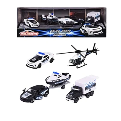 Abbildung von Majorette Police Force Polizei Fahrzeuge Geschenk Set mit 4 Spielzeugautos für Kinder ab 3 Jahren, Polizeiauto, LKW, Hubschrauber &amp; Anhänger Boot