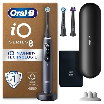 Abbildung von Oral B iO Series 8 PLUS Edition Elektrische Zahnbürste/Electric Toothbrush, 3 Aufsteckbürsten inkl. Whitening, Magnet Etui, 6 Putzmodi, Designed by Braun, Geschenk Mann/Frau, Black Onyx
