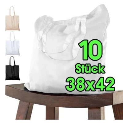 Abbildung von Baumwolltasche 38x42 cm unbedruckt, 10 Stück Zwei KURZE Henkel OEKO TEX® zertifiziert Stofftasche, Tragetasche, Baumwollbeutel, Einkaufstasche, Jutebeutel, Stoffbeutel Einkaufsbeutel bemalen Weiß