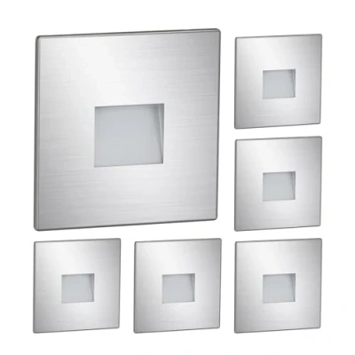 Abbildung von ledscom.de 6 Stück LED Treppenlicht/Wandeinbauleuchte FOW für innen und außen, Downlight, eckig, edelstahl, 85 x 85mm, kaltweiß