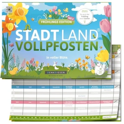 Abbildung von DENKRIESEN Stadt Land VOLLPFOSTEN® Frühlings Edition In voller Blüte. DIN A4 Spielblock Ab 9 Jahren Fluss Familienspiel Partyspiel Ostergeschenk Spaß