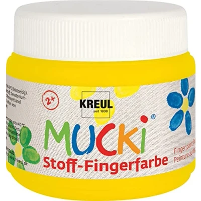 Abbildung von KREUL 28102 Mucki leuchtkräftige Stoff Fingerfarbe, 150 ml in gelb, auf Wasserbasis, parabenfrei, glutenfrei, laktosefrei und vegan, optimal für die Anwendung mit Fingern Händen