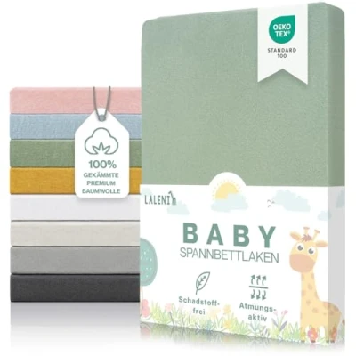 Abbildung von Laleni Premium Spannbettlaken 38x77 cm Babywiege oval OEKO TEX zertifiziertes Stubenwagen Bezug aus 100% Baumwolle Kinderwagen Baby Bettwäsche in Grün