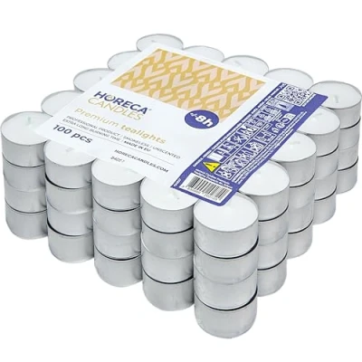 Abbildung von Horeca Candles Teelichter 8 Stunden Brenndauer Weiß 100 Stück Aluhülle Kerzen zum Feiern, Deko, Hochzeit, Gastro, Party Ohne Duft Premium Qualitä