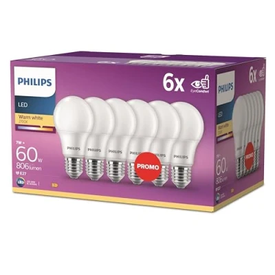 Abbildung von Philips LED Classic E27 Lampen 6 er Pack (60 W), matte mit warmweißem Licht, energiesparende langer Nutzlebensdauer, neue Generation