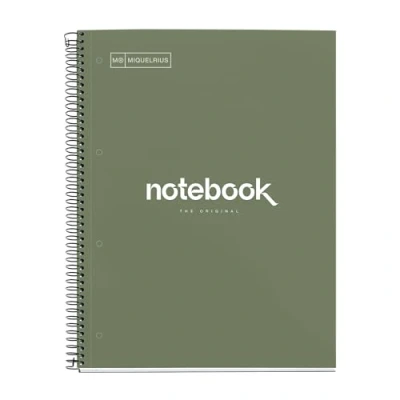 Abbildung von Miquelrius Notizbuch A4 Notebook, 1 farbiger Streifen, 80 Blatt mit raster 5 x mm, Papier 90 g/m² mikroperforiert 4 Bohrungen für Ringe, Einband aus Karton, Farbe Grün