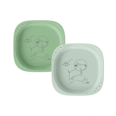 Abbildung von nip Green Öko Baby und Kinderteller, mikrowellen spülmaschinengeeignet, extra flach &amp; perfekt für Beikoststart, BPA frei, ohne Melamin, nachhaltig, 2er Set, Tiermotiv, Hellgrün