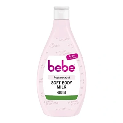 Abbildung von bebe Soft Body Milk (400 ml), schnell einziehende Bodylotion mit Jojobaöl &amp; Panthenol für trockene Haut, duftet sanft, spendet 24 Stunden Feuchtigkeit
