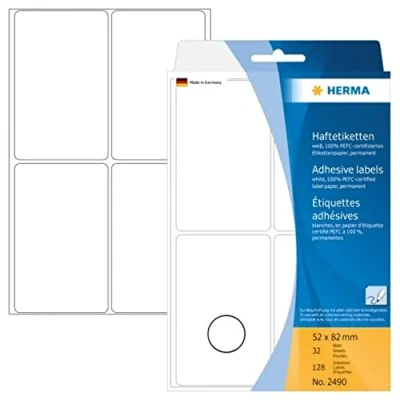 Abbildung von HERMA 2490 Vielzweck Etiketten, 128 Stück, 52 x 82 mm, 4 pro Bogen, selbstklebend, Haushaltsetiketten zum Beschriften, matt, blanko Papier Klebeetiketten Aufkleber, weiß