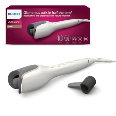 Abbildung von Philips automatischer Lockenstab 8000 Series, Lockenwickler/Curler mit MoistureProtect Technologie, 27 verschiedene Stylingoptionen, Weiß, Modell BHB878/00