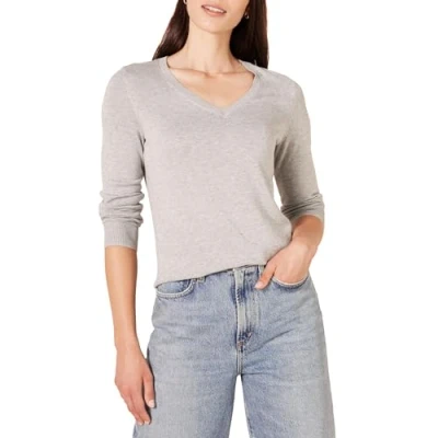 Abbildung von Amazon Essentials Damen Leichter, Langärmeliger Pullover Mit V Ausschnitt, Klassischer Schnitt (Erhältlich In Übergröße), Hellgrau Meliert, XXL