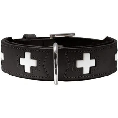 Abbildung von HUNTER Hundehalsband SWISS, Farbe: schwarz, weiches Rindnappaleder, handvernähte Schweizer Kreuze, langlebig und komfortabel, hochwertige Handarbeit, Made in Germany, Größe: M (55)