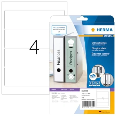 Abbildung von HERMA 5095 Ordnerrücken Etiketten kurz breit, 25 Blatt, 192 x 61 mm, 4 pro A4 Bogen, 100 Stück, selbstklebend, bedruckbar, blickdicht, blanko Papier Ordneretiketten Rückenschilder Aufkleber, weiß