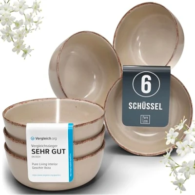 Abbildung von Steingut Müslischalen 6 Pers. Rustic Hochwertiges Landhausstil TEST SEHR GUT Müsli Schüssel Set, spülmaschinen , mikrowellen und Kratzfest Kleine Schüsseln, Müslischale Pure Living in Beige