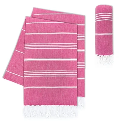 Abbildung von LAYNENBURG 2er Set Premium Hamamtuch mit handgeknüpften Fransen 100% Baumwolle XXL Strandtuch 100x200 cm Oeko TEX 100 Strandhandtuch groß Saunatuch &amp; Reisehandtuch (Fuchsia)