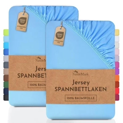Abbildung von NatureMark 2er Pack Kinder Jersey Spannbettlaken, Spannbetttuch 100% Baumwolle in vielen Größen und Farben MARKENQUALITÄT ÖKOTEX Standard 100 70x140 cm hell blau