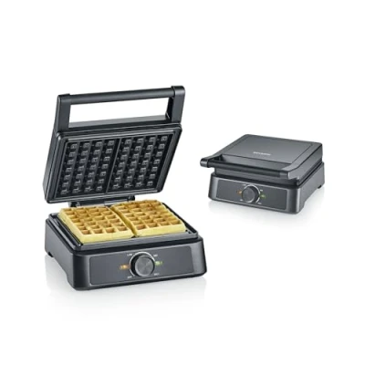 Abbildung von SEVERIN Waffeleisen belgische Waffel, quadratische Waffeln, Keramikbeschichtung mit PFAS freier Beschichtung, Kontrollleuchte, praktische Kabelaufwicklung, 1.600 Watt, schwarz Edelstahl, WA 2130