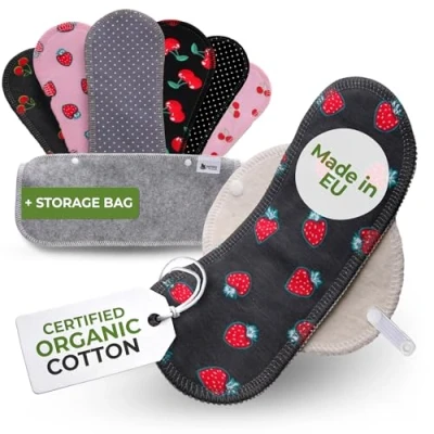 Abbildung von Slipeinlagen waschbar bio Baumwolle; 7 Pack (Größe M) Baumwoll Waschbare dünn MADE IN EU; wiederverwendbare Stoff Slipeinlagen; Washable Panty Liners für Ausfluss; NICHT bei Periode