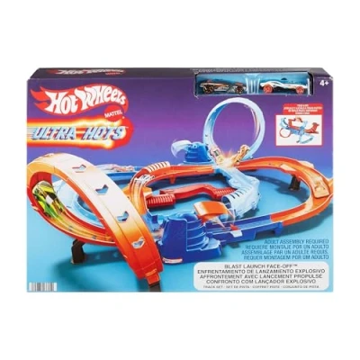 Abbildung von Hot Wheels Spielzeugauto Trackset, Ultra Hots Rasanter Wettkampfstart mit 2 Fahrzeugen im Maßstab 1:64, Kopf an Rennen und Stunts, manuell bedienbare Starter, HXR71
