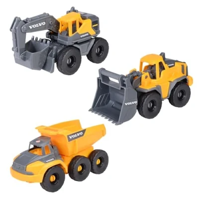 Abbildung von Dickie Toys Volvo Baustellenfahrzeuge ab 3 Jahre (3 Stück) Construction Set mit Spielzeugautos (Bagger, Radlader, Kipplaster) für Kinder, je 16 cm, Autos Freilauf und beweglichen Teilen