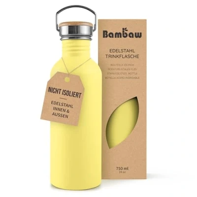 Abbildung von Bambaw Trinkflasche Edelstahl 750ml, Nicht isolierte Gelbe Trinkflasche, Trinkflaschen Spülmaschinenfest, Metall Flasche, Wasser Sonnengelb