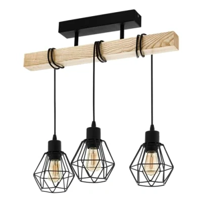 Abbildung von EGLO Deckenlampe Townshend 5, 3 flammige Vintage Deckenleuchte im Industrial Design, Retro Pendelleuchte aus Stahl und Holz, Schwarz, braun, FSC zertifiziert, E27 Fassung