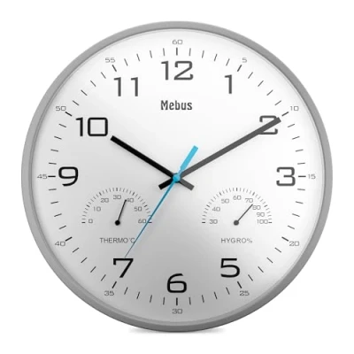 Abbildung von Mebus analoge Quarz Wanduhr mit Thermometer und Hygrometer in Grau/Weiß, 16182, 30 cm Durchmesser