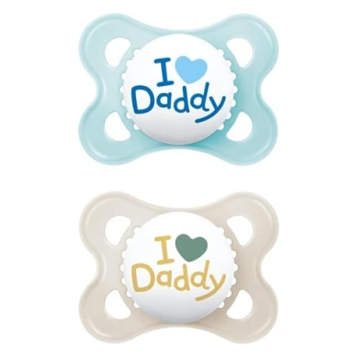 Abbildung von MAM Original Schnuller im 2er Set, zahnfreundlicher Baby aus nachhaltigen &amp; bio erneuerbaren Materialien, Sauger SkinSoft Silikon, mit Schnullerbox, 0 6 Monate, blau/beige