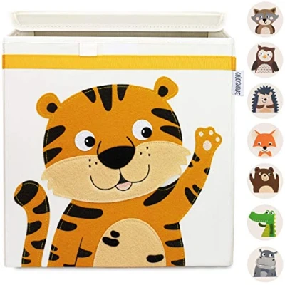 Abbildung von GLÜCKSWOLKE Kinder Aufbewahrungsbox 15 Motive I Spielzeugkiste mit Deckel für Kinderzimmer Spielzeug Boxen Tiger (33x33x33) Aufbewahrung im Kallax Regal Dschungel Safari Kiste (Ronja Raubtiger)