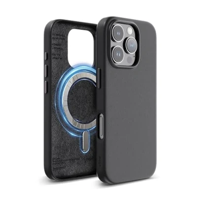 Abbildung von elago Magnetisch Leder Hülle Kompatibel mit iPhone 16 Pro 6,3 Zoll, Allen MagSafe Zubehör, Eingebaute Magnete, Veganes Leder, Stöße, Wasserfest (Schwarz)