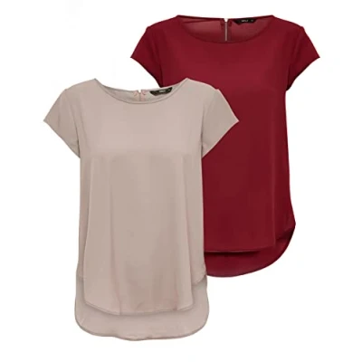 Abbildung von ONLY Damen ONLVIC S/S SOLID 2 Pack TOP, Merlot/Pale Mauve, 40
