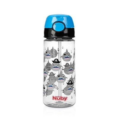 Abbildung von Nuby Trinkbecher aus Tritan mit weichem Trinkhalm und Drückknopf Trinkhalmflasche für Kinder Trinkflasche / Becher 540 ml Blau BPA FREI 4+ Jahre, 1 Stück (1er Pack)