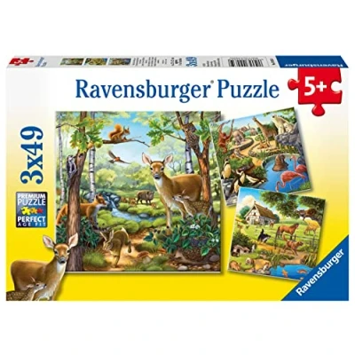 Abbildung von Ravensburger Kinderpuzzle 09265 Wald /Zoo /Haustiere Puzzle für Kinder ab 5 Jahren, mit 3x49 Teilen, Yellow