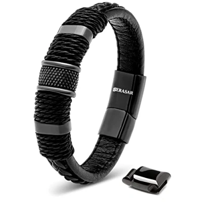 Abbildung von SERASAR Armband Jungen 17cm Schwarz Männer Leder Armreif Herren Lederband Herrenarmreif Armschmuck Schmuck Armkette Flecht Wickelarmband Kette Leather