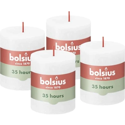 Abbildung von Bolsius Rustik Stumpenkerzen Weiß 4 Stück 8 x 7 cm Dekorative Haushaltkerzen Länge Brenndauer 35 Stunden Unparfümierte Natürliches Pflanzenwachs Ohne Palmöl