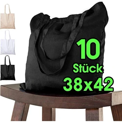 Abbildung von Baumwolltasche 38x42 cm 10 Stück unbedruckt, lange Henkel Stofftasche Tragetasche, Beutel, Baumwollbeutel, Jutebeutel OEKO TEX® zertifiziert Stoffbeutel Einkaufsbeutel Einkaufstasche bemalen schwarz