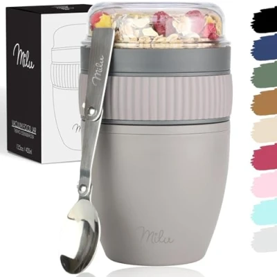 Abbildung von Milu Müslibecher to go 400ml &quot;MüsliMax&quot; Plastik Joghurtbecher für Müsli I auslaufsicherer Becher mit Löffel Yoghurt/Porridge (Taupe Grau)