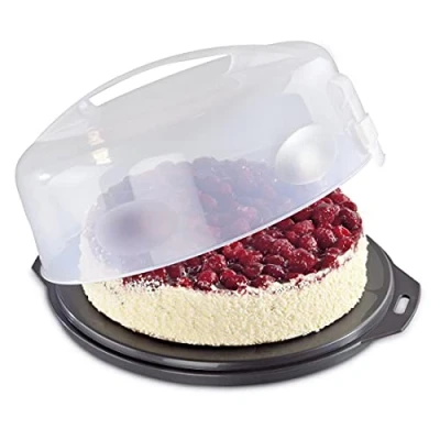 Abbildung von Xavax Kuchen Transportbox rund mit Deckel Kuchenbehälter 31,5 cm Durchmesser, Innenhöhe 8 cm,Kuchenbox Stückeinteilungshilfe,Tortenplatte anthrazit, Transparent