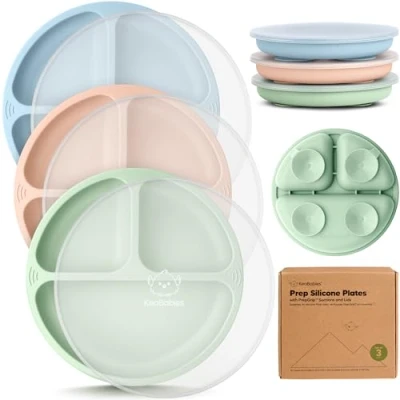 Abbildung von KeaBabies Kinder Teller mit Deckel für Baby, Kleinkind 3er Pack 100% Silikon Baby Saugnapf, Deckel, Kinderteller Unterteilung, Babyteller BPA frei, Mikrowellenfest (Mellow)