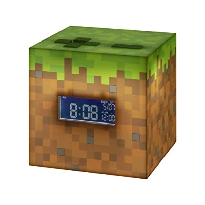 Abbildung von Minecraft Grasblock Digitaler Wecker Offiziell lizenziert, Leuchte, spielt offizielle Spielmusik, Schlafzimmerdeko für Gamer